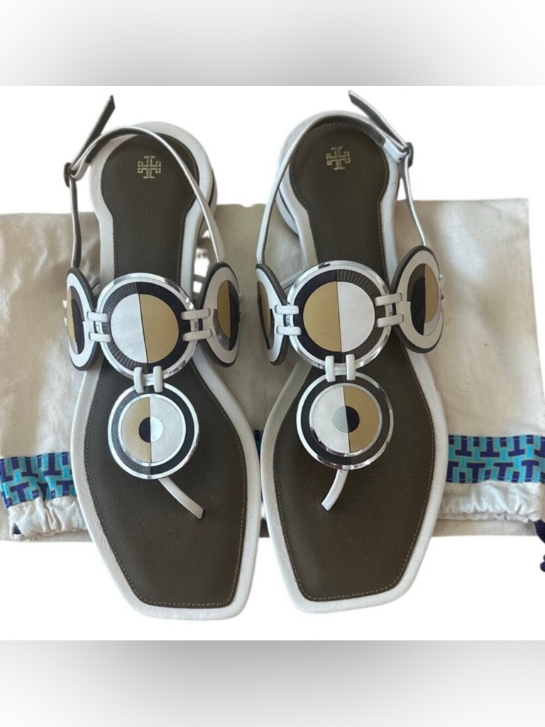 Tory Burch Marquetry Disk Sandal Cream Toasted Sesame 9.5